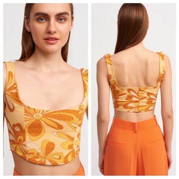 Zara Top Womens Medium Yellow Floral Cropped Retro 70s Funky Boho Fairy Festival - Picture 1 of 12